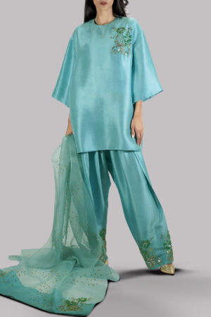 Canal Blue Embellished Raw Silk Set