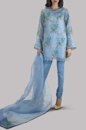 Heritage Blue Embellished Raw Silk Churidaar Set