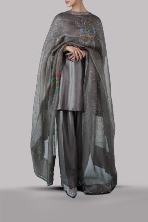 Steeple Gray Embellished Raw Silk Set