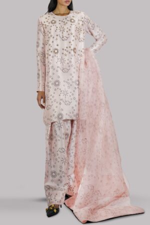 Peach Blush Block Printed & Embellished Raw Silk Set