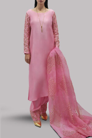 Candy Pink Embellished Raw Silk Set