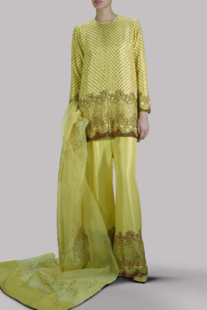 Illuminating Yellow Embellished Raw Silk Set
