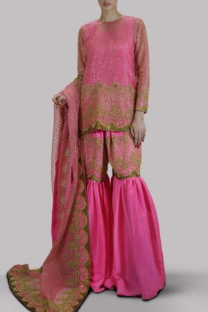 Carmine Rose Raw Silk Gharara Set