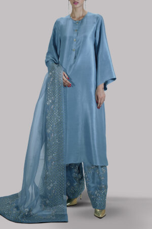 Stone Blue Embellished Raw Silk Set