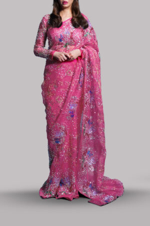 Camellia Pink Embellished Organza Sari