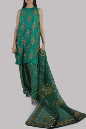 Emerald Green Embellished Raw Silk Set