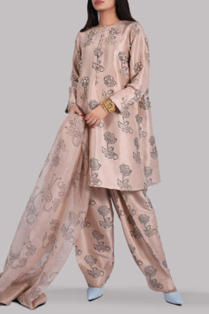 Cameo Rose Block Print Embellished Raw Silk Tunic Set