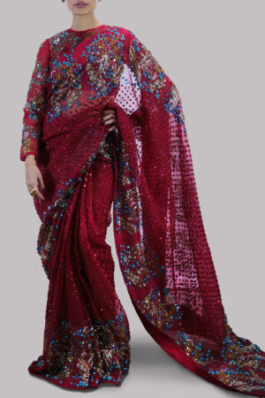 Tango Red Embellished Organza Sari
