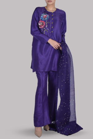 Deep Blue Purple Embellished Raw Silk Set