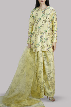 Pineapple Slice Yellow Block Printed Embellished Raw Silk Set