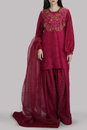 Tango Red Block Printed and Embellished Raw Silk Set