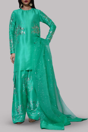 Mint Green Turquoise Embellished Raw Silk Set