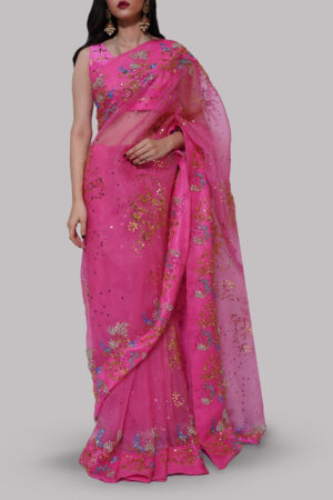Hot Pink Embellished Organza Sari