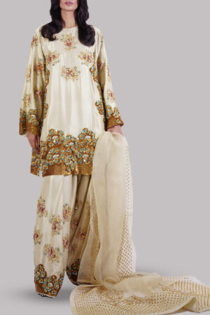 Lambs Wool Crème Embellished Raw Silk Set