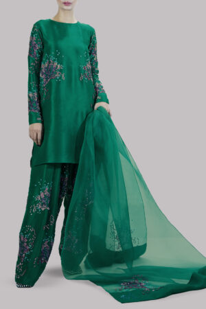 Galapogas Green Embellished Raw Silk Set