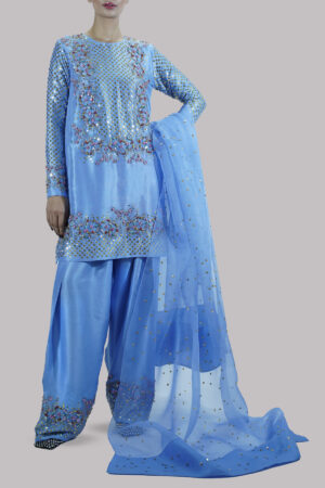 Cornflower Blue  Embellished Raw Silk Set