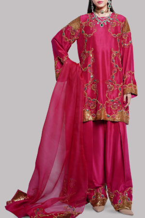 Tango Red Embellished Raw Silk Set