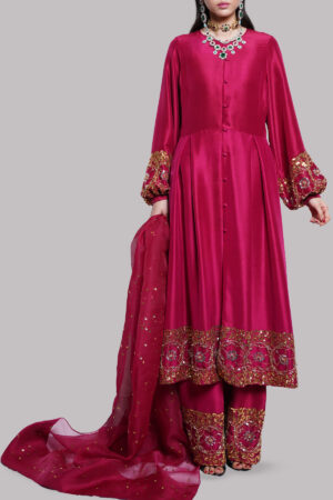 Tango Red Embellished Raw Silk Set