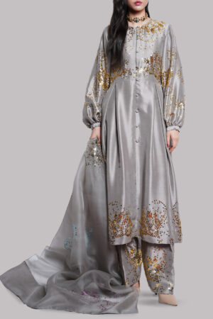 Steeple Gray Embellished Raw Silk Set