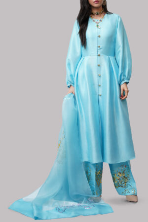 Tropical Breeze Blue Embellished Raw Silk Set