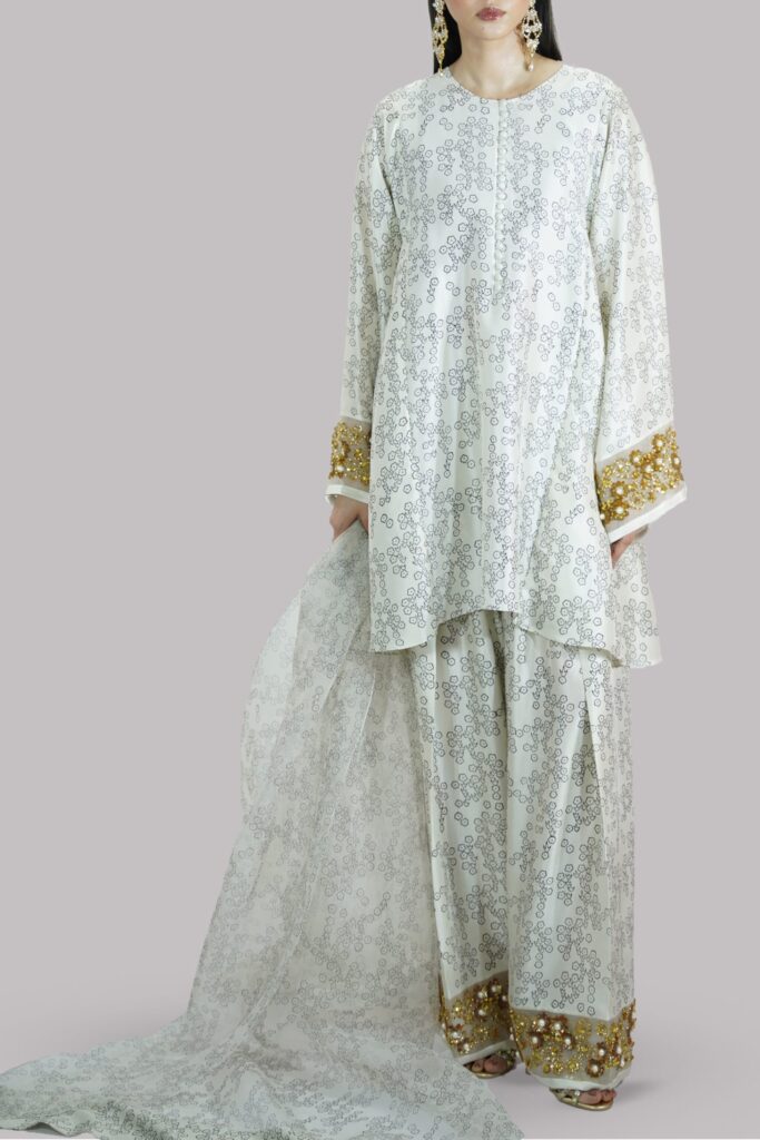 Egret Beige Block raw silk set 