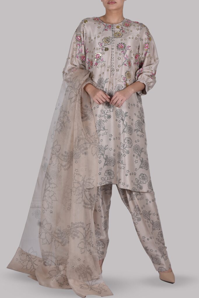 Moonlight Beige Block Printed and Embellished Set