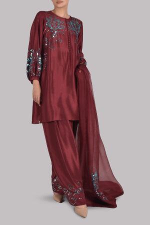 Syrah Maroon Embellished Raw Silk Set