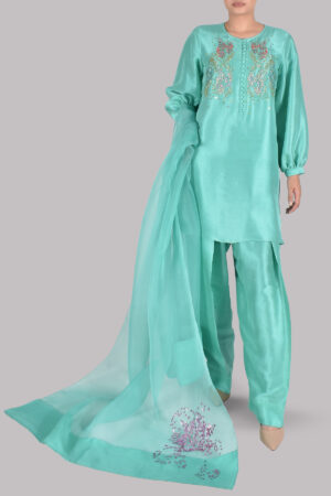 Mint Green Turquoise Embellished Raw Silk Set