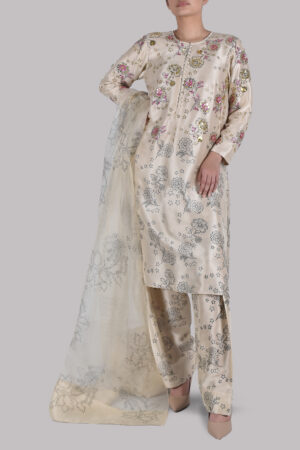 Lamb's Wool Block Printed and Embellished Raw Silk Set