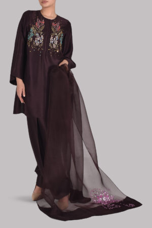 Black Coffee Embellished Raw Silk Set