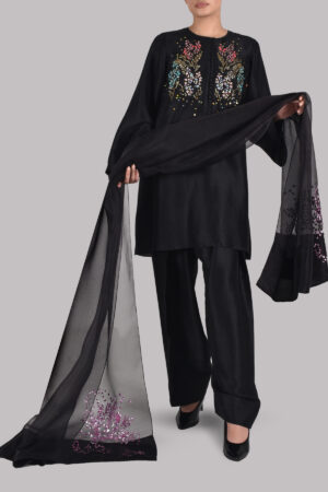 Black Embellished Raw Silk Set