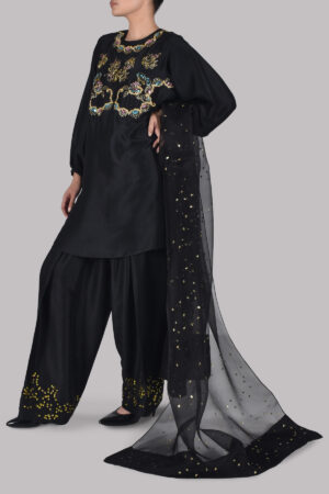 Black Embellished Raw Silk Set