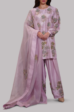 Lilac Chiffon Embellished Raw Silk Set