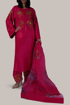 Virtual Pink Embellished Raw Silk Set