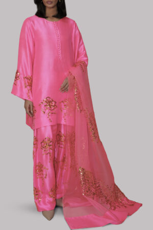 Pink Carnation Embellished Raw Silk Set