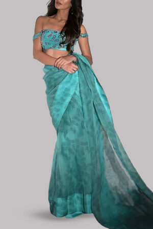 Scuba Blue Embellished Organza Sari