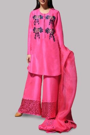 Camellia Pink Embellished Raw Silk Set