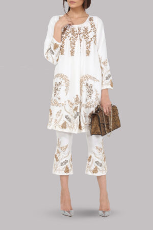 White Embellished Raw Silk Tunic Set
