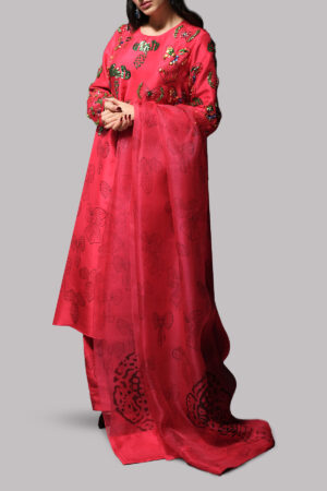 Tango Red Block Printed and Embellished Raw Silk Set