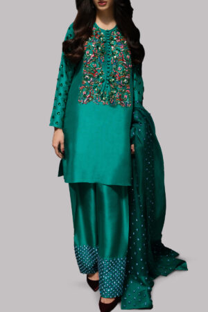 Cadmium Green Embellished Raw Silk Set