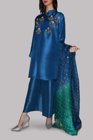 Seaport Blue and Ultramarine Green Embellished Raw Silk Set