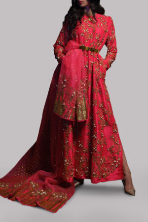 Lollipop Red Embellished Raw Silk Maxi Set