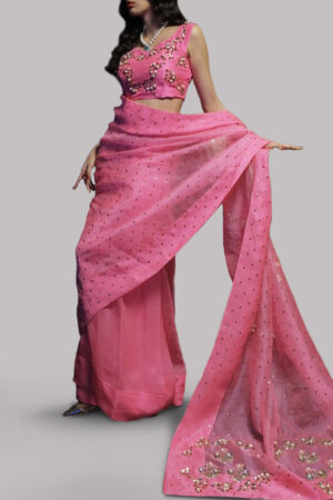 Azalea Pink Embellished Organza Sari