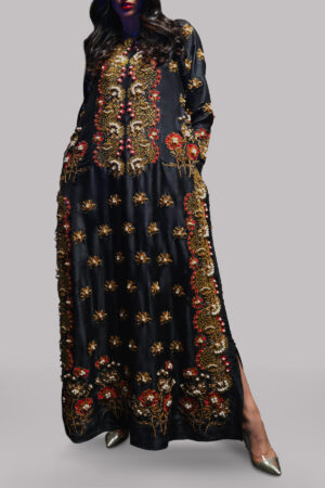 Black Embellished Raw Silk Maxi