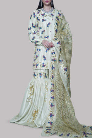 Egret Embellished Raw Silk Gharara Set