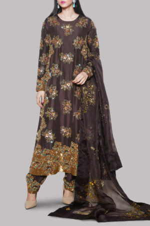 Black Coffee Embellished Raw Silk Set