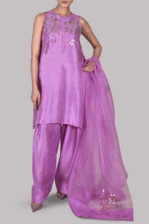 African Violet Embellished Raw Silk Set