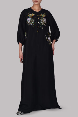 Black Embellished Raw Silk Maxi