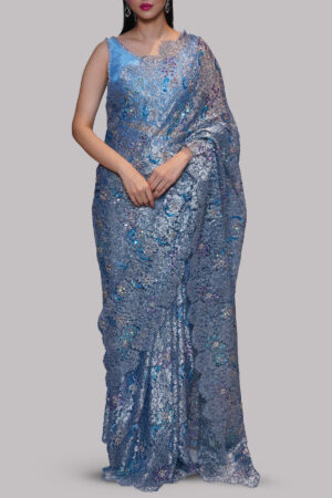 Blue Yonder Embellished Chantilly Lace Sari
