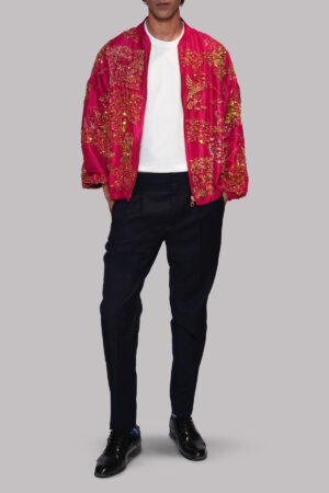 Tango Red Embellished Raw Silk Jacket